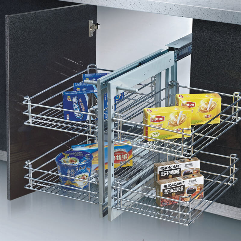 Support d'organisateur d'armoires de cuisine coulissant à 4 étagères, armoire  d'angle aveugle à 2 niveaux, organisateur de panier en fil métallique,  système d'extension complète 